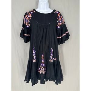 Free People Dress Womens XS Black Floral Mini Embroidered Flowy Boho Cottagecore